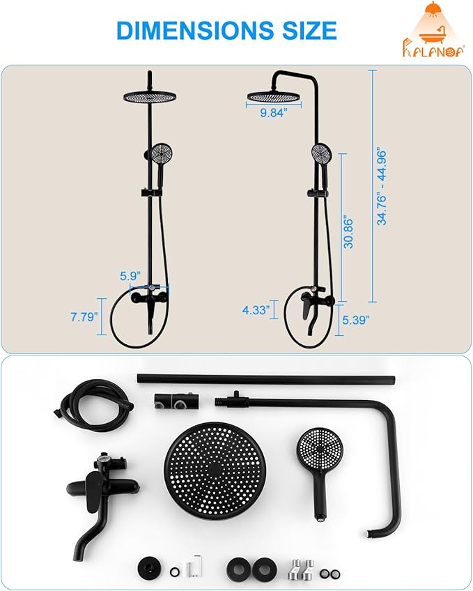Outdoor Shower Fixture,3 Functions Handle Tub Rainfall Shower Faucet Sets with Dial Thermometer Brass Valve, Exposed Shower System with 10'' Rainfall Shower Head Adjustable (Matte Black)