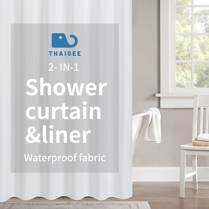 2-in-1 Waterproof Long Fabric Shower Curtain or Liner,Linen Textured,78 Inch Breathable TPU & Washable Bathroom Shower Curtain Set with 12 Plastic Hooks,Modern,72"x78",White