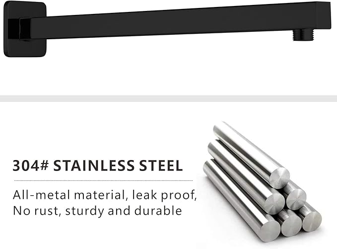 Voolan 16" Square Shower Arm with Flange and Teflon Tape, Extension Shower Head Arm for Bathroom Fixed Shower Head, Solid Stainless Steel, Wall Mounted (Matte Black)
