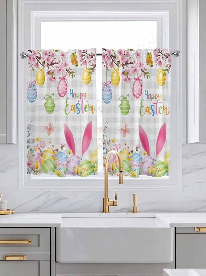 Happy Easter Kitchen Curtains 45 Inches length, Spring Watercolor Bunny Eggs - Image 3