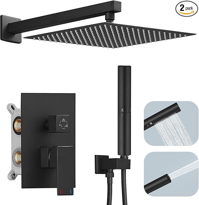 Hoimpro 12 Inch Shower Head System Set Bathroom Rain Mixer Shower Head 2 In 1 Handheld Sprayer Wall Mounted, Square Rainfall Shower Faucet Fixture Combo Valve Kits Brass Showerhead, Matte Black