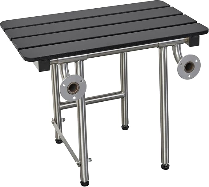 32-inch x 15-inch ADA Bariatric Folding Wall Mount Bathroom Shower Seat Bench with Legs, Black Slatted Phenolic Seat