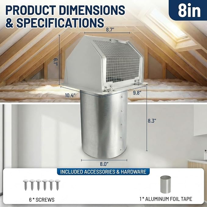 8 Inch Vent Covers for Wall, Galvanized Steel Dryer Vent Cover Outside - Image 2