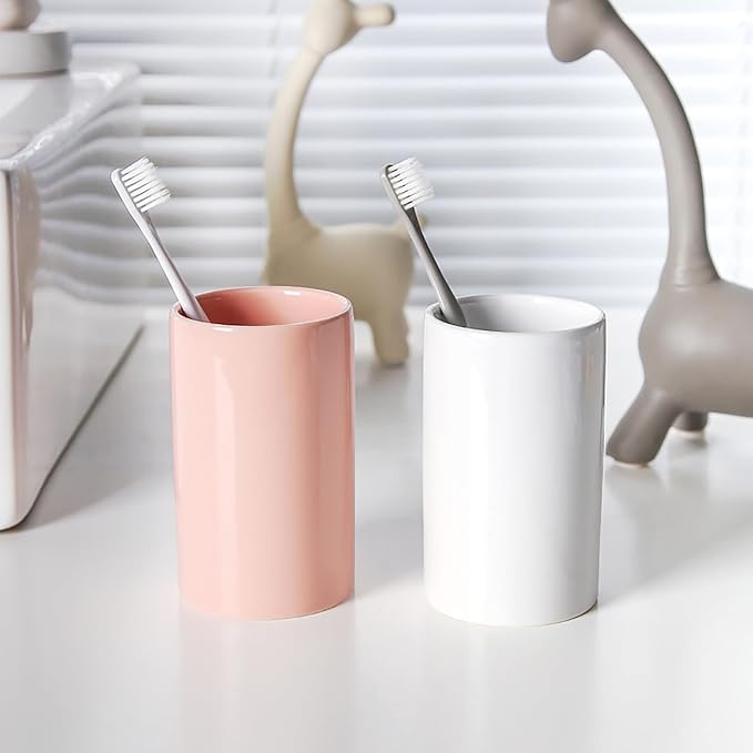 White Toothbrush Holder, Ceramic Bathroom Tumbler Cups,Toothbrush Cup, Bathroom Counter Organizer(300ml)