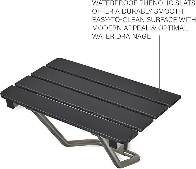 24-inch x 15-inch ADA Folding Wall Mount Bathroom Shower Seat Bench, Black Slatted Phenolic Seat