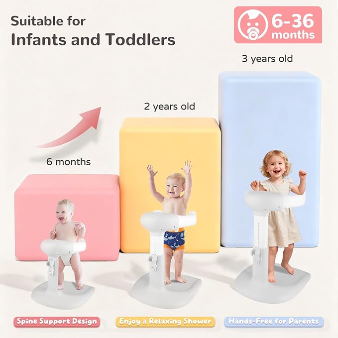 Baby Shower Stand – Adjustable Baby Bath Stand & Standing Baby Bathtub, Baby Shower Standing Support, Toddler Shower Stand for Infants 8–36 Months (Grey)
