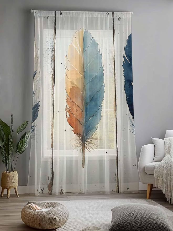 Sheer Curtains 108 Inches Long, Boho Ombre Vintage Wooden Grain Privacy Voile - Image 2