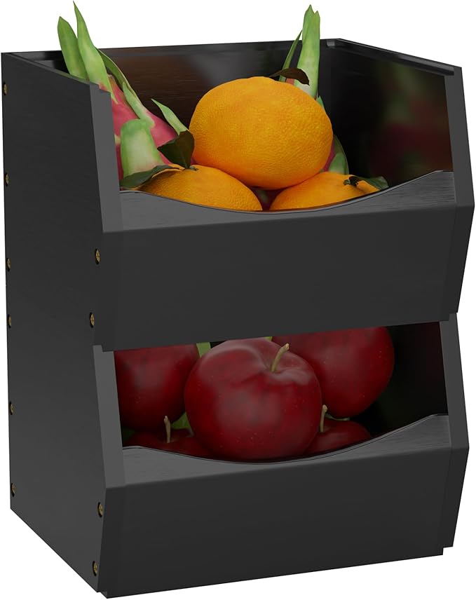 2 Set Open Front Small Stackable Storage Bins, Bamboo Stacking Storage Bins Snack Tea Bags Fruits Spices Countertop Storage, Rustic Organizer Box for Pantry, Kitchen, Office, Bedroom (Small Black)