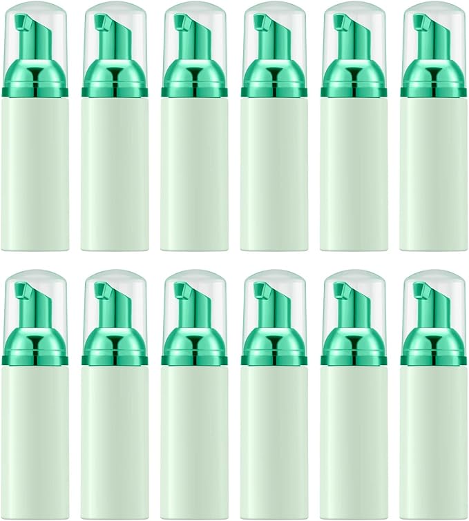 Lil Ray 2 Oz Empty Green Foam Pump Bottle, Travel Foamer Soap Dispenser for Lash Shampoo, Hand Soap, Foaming Cleaner(Green Pump, 12 PCS)