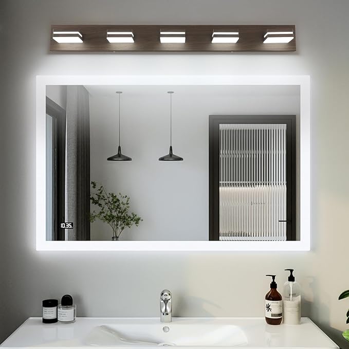SineRise LED Modern Bathroom Vanity Light Fixtures (5-Light, 40-Inch, Dimmable), Brown Wood Painted Modern Acrylic Bathroom Wall Lighting Fixtures Over Mirror (Cool White 6000K)