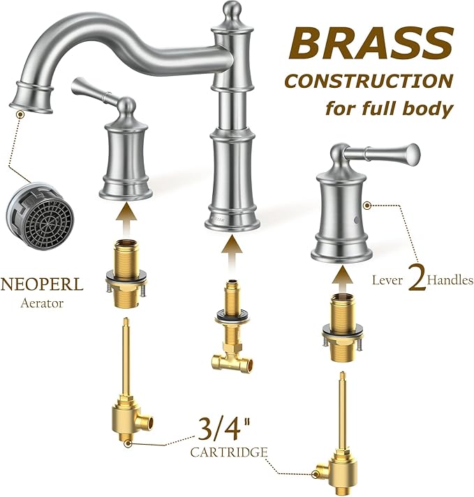 Roman Bathtub Faucet Deck Mount Tub Faucet for Bathroom Widespread Elegant Classic Spout with 3 Holes 2 Handle Valve Cartridge Included, Brush Nickel