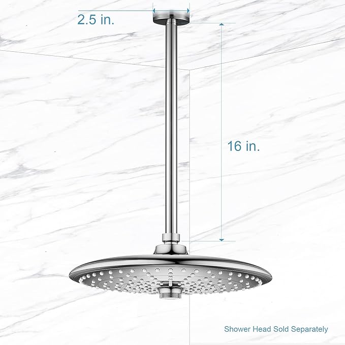 OFFO Shower Arm with Flange, 16 in Ceiling Mount Replacement Rain Shower Head Straight Arm Ceiling-Mounted For Fixed Shower Head & High Pressure Rain, Chrome