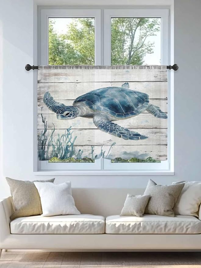 Sheer Curtains 54 Inch Length, Ocean Sea Turtle Semi Sheer Curtains Light - Image 4