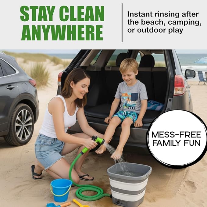 Rinse Kit & Portable Shower | Battery Powered with 60 Min Runtime | 4 Gal Collapsible Water Bucket | Perfect for Outdoor, Camping, Hiking, RV, & Beach Use | Car, Dog & Bike Wash