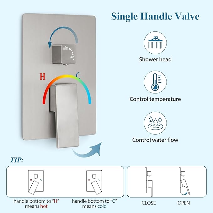 Brushed Nickel Square Shower Head with Handheld Set, Rainfall Shower System Modern Wall Mounted Shower Faucet for Bathroom 10 inch (With Shower Valve)