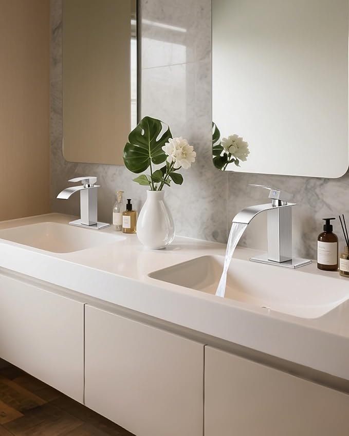 Bathroom Faucets Brushed Nickel Waterfall Bathroom Sink Faucet Modern Single Handle Bathroom Faucet for 1 or 3 Hole Mxier Tap Washbasin Faucet with Deck, Pop-up Drain and Supply Hoses