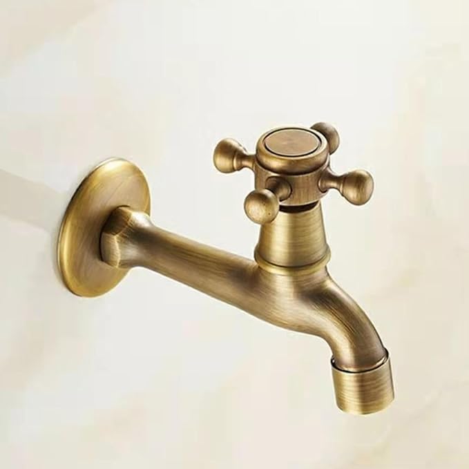 European Style Vintage Wall Mounted Faucet, Solid Brass, G1/2", Single Cold Water Tap for Kitchen Sink, Mop Pool, Antique Brass Finish