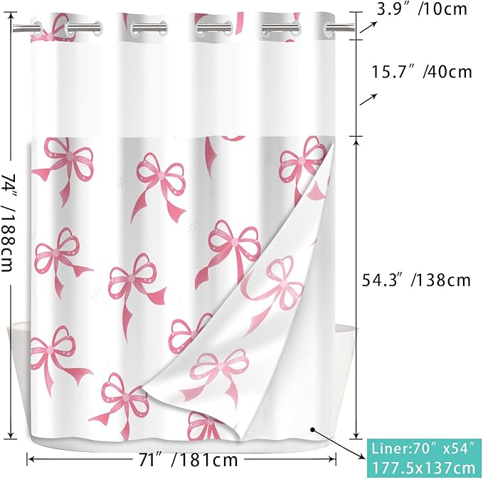 Cute Pink Bow No Hook Shower Curtain Set with Snap in Fabric Liner for Bathroom,with See Through Top Window,Double Shower Curtain with Detachable Liner Replacement,Machine Washable,71"x 74"