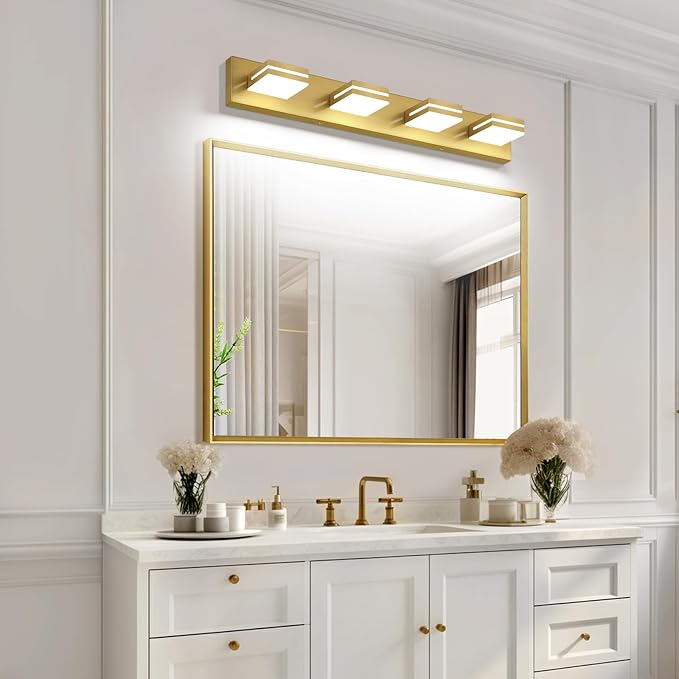 SineRise LED Modern Bathroom Vanity Light Fixtures (4-Light, 30-Inch), Brass Modern Acrylic Bathroom Wall Lighting Fixtures Over Mirror (Cool White 6000K)