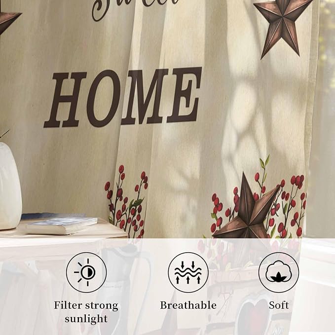Farm Sheer Curtains 63 Inch Length American Country Barn Star Vintage Berry - Image 2