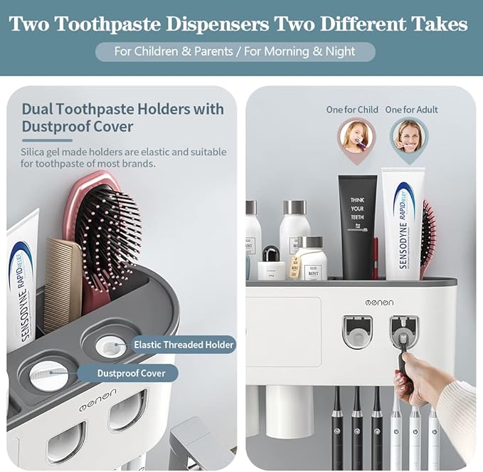 Toothbrush Holders Wall Mounted, Toothbrush Holder with Automatic Toothpaste Dispensers, 6 Brush Slots, 3 Magnetic Cups,1 Cosmetic Drawer Organizer and 1 Large Storage Tray
