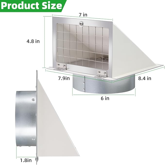6 Inch Hooded Wall Vent with Mesh&Damper, 6in Dryer Vent Cover Outside Metal - Image 2