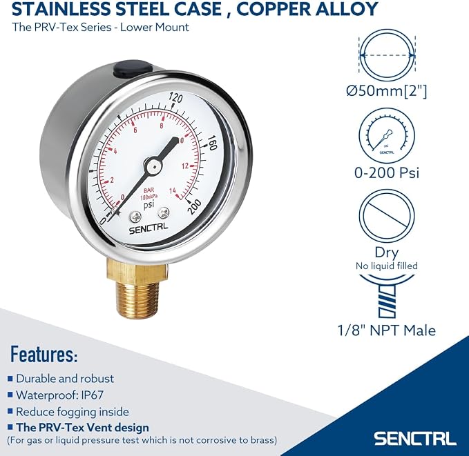 SENCTRL 0-200 psi Pressure Gauge, 1/8 NPT Lower Mount, Waterproof, Stainless - Image 2