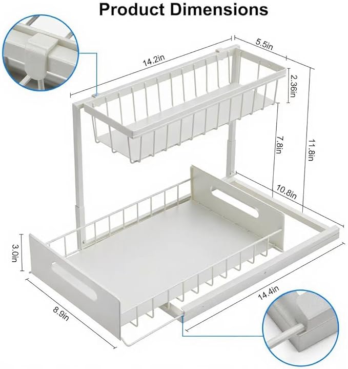 Under Sink Organizer Pull Out Kitchen Sink Organizer, 2 Tier L-Shape Bathroom Organizers and Storage with Sliding Drawer for Kitchen Bathroom Pantry (White, 1 Pack)