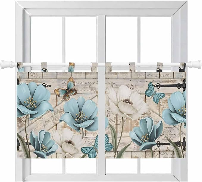 Teal Blue Tulips Kitchen Curtains 36 Inch Length, Small Window Curtains Tab Top by Unknown