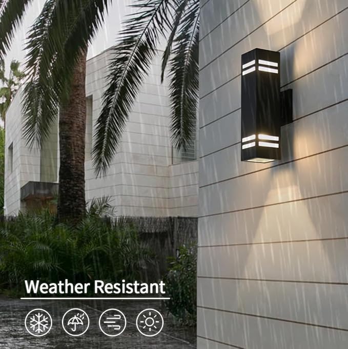 Cerdeco Aluminum Modern Outdoor Wall Light,15" Exterior Up Down Wall Sconce Light Fixture Sand Textured Black with 3-Sided Frosted Glasses [UL Listed]