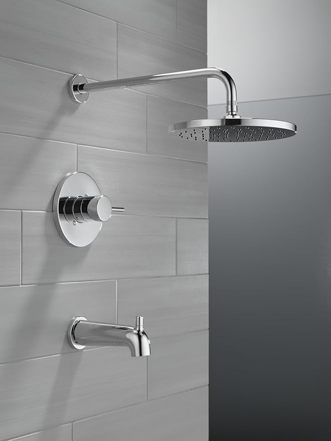 Delta Modern 14 Series Round Rain Bathtub and Shower Faucet Set, Rainfall Chrome Shower Head and Handle Set, Valve Trim Kit, 10 Inch, Chrome T14469-PP (Valve Not Included)