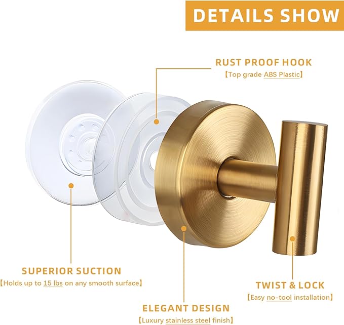 2 Pcs Suction Cup Hooks, Stainless Steel Removable Shower Towel Hook, No Drill Towel Holder for Bathroom, Kitchen Glass Door Wall for 15 Lb Heavy Duty Clothes - O Shape, Gold