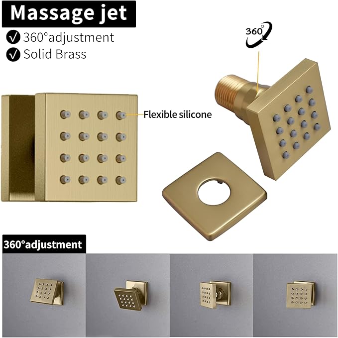 Bathroom Rainfall Shower System Wall Mount 8 Inch Shower Head With Handled Spray 6 Pcs jets Temperature Display Shower Faucet Set (Brushed Gold)