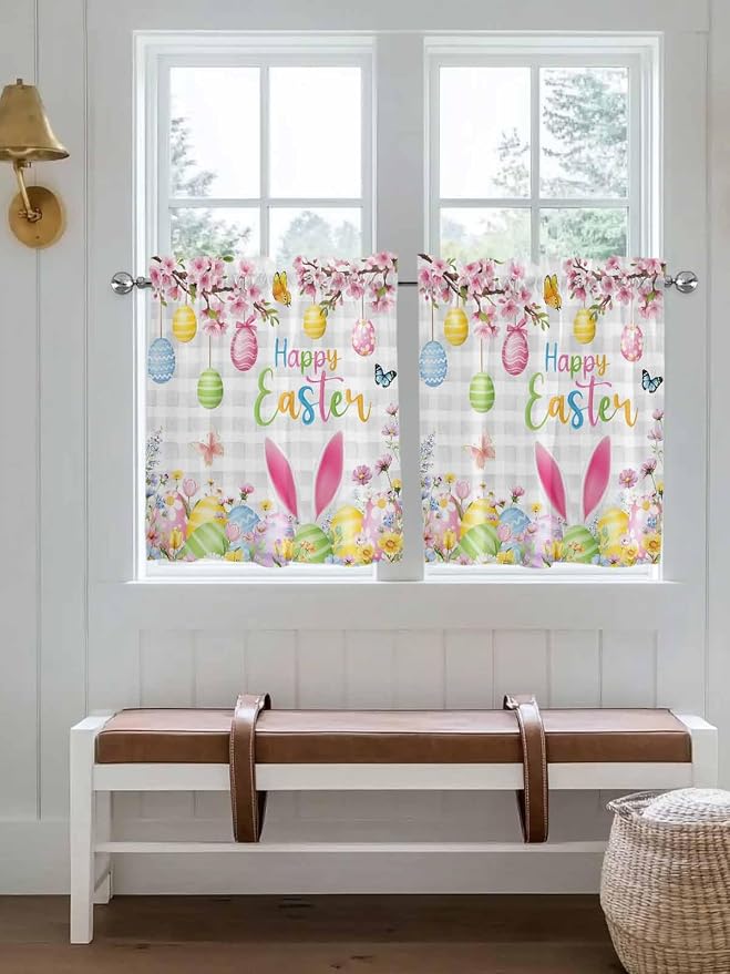 Happy Easter Half Window Curtain 36 Inches Long, Spring Watercolor Bunny Eggs - Image 4