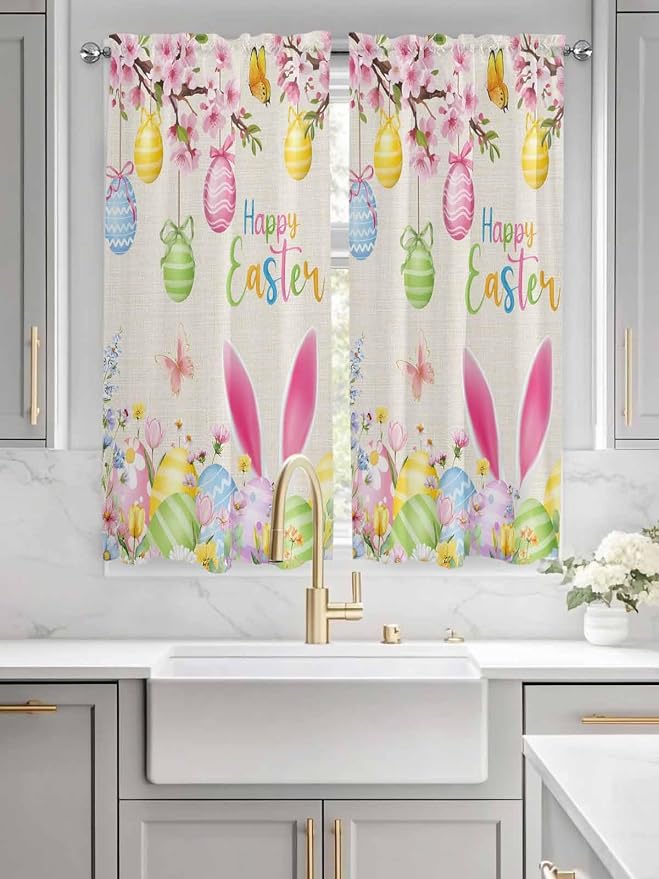 Happy Easter Bedroom Curtains 63 Inches length, Spring Farmhouse Bunny Eggs - Image 3