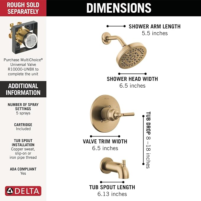 Delta Faucet Saylor 14 Series Gold Tub and Shower Faucet Combo, Bathtub and Shower Trim System, Shower Trim Kit, Bathtub Faucet Set, Shower Tub Faucet, Champagne Bronze T14435-CZ (Valve Not Included)