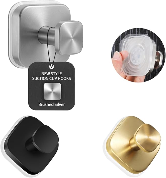 2Pcs Square Suction Cup Hook, 304 Stainless Steel Shower Hook, Removable Suction Cup Knob for Shower, Bathroom, Kitchen, Glass Door, Mirror (Silver)