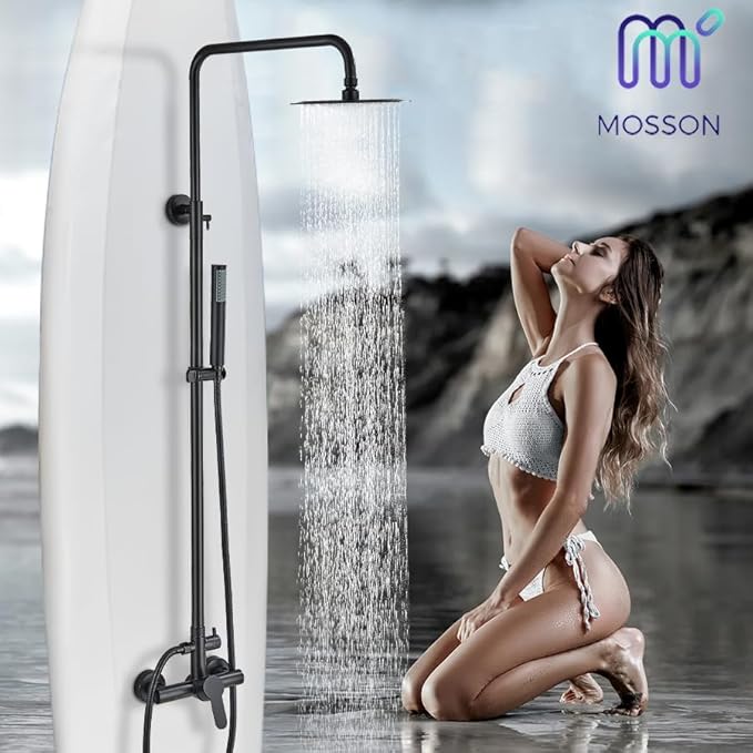 Shower System Matte Black Outdoor Shower Fixtures with 8" Rain Shower Head Handheld Sprayer Single Handle 304 Stainless Steel Wall Mounted Shower Shower Faucet Combo for Bathroom or Backyard