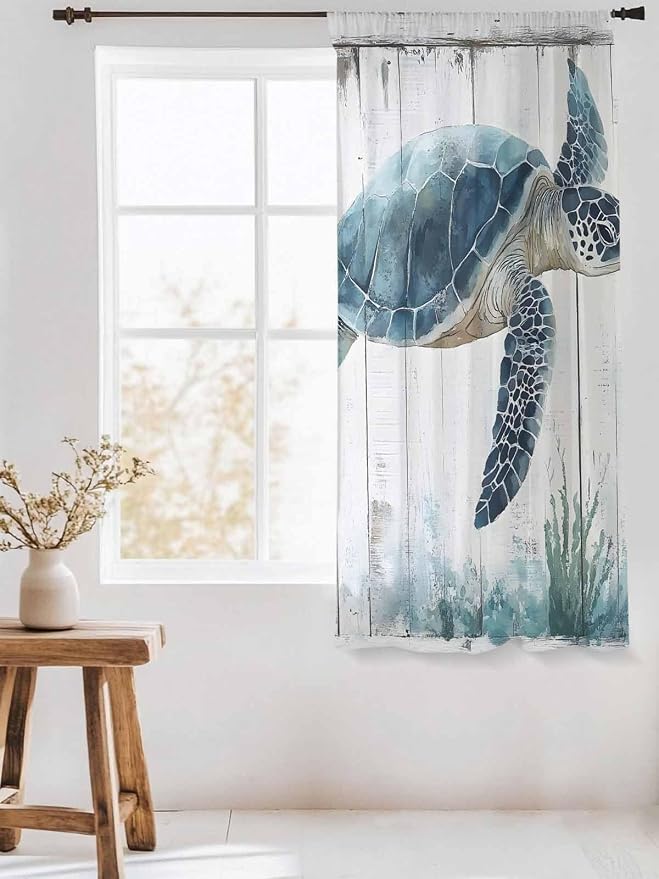 Sheer Curtains 72 Inches Long, Sea Turtle Teal Blue Semi Sheer Curtains Light - Image 3