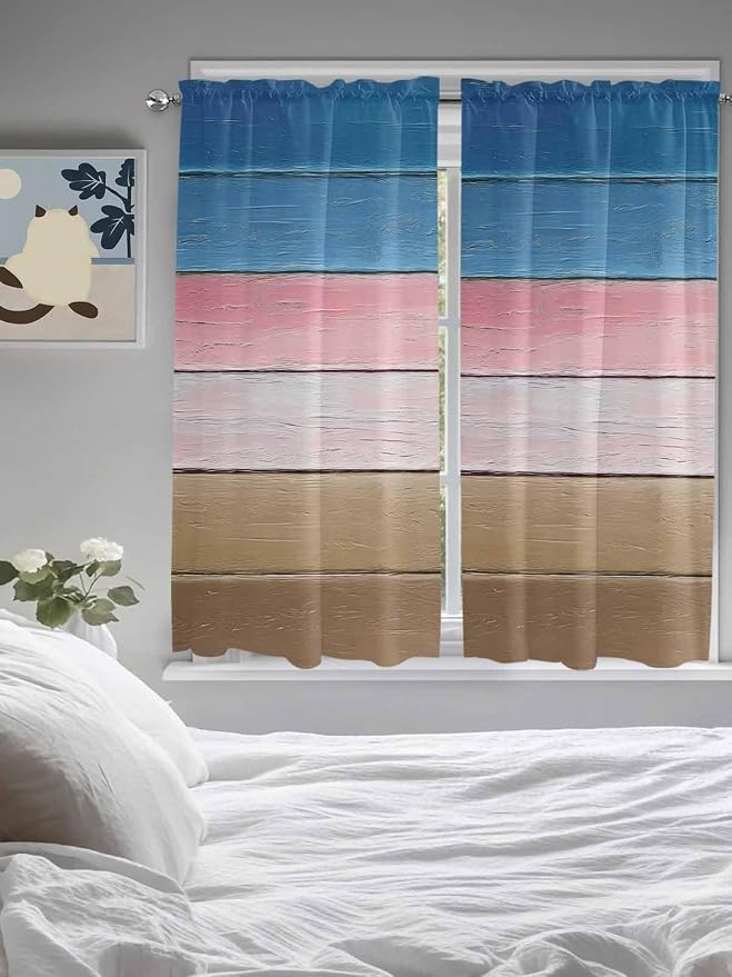 Blue Pink Brown Gradient Wood Grain Window Valance Curtains, Vintage Wood Board - Image 4