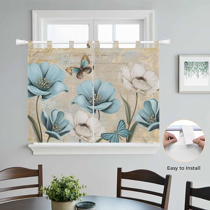 Spring Flowers Kitchen Curtains 45 Inch Length, Short Cafe Window Curtains Tab - Image 4