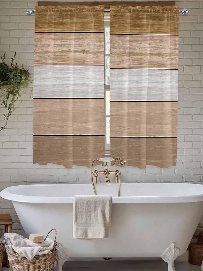 Retro Farm Wood Board Window Valance Curtains, 2 Panel by IDOWMAT