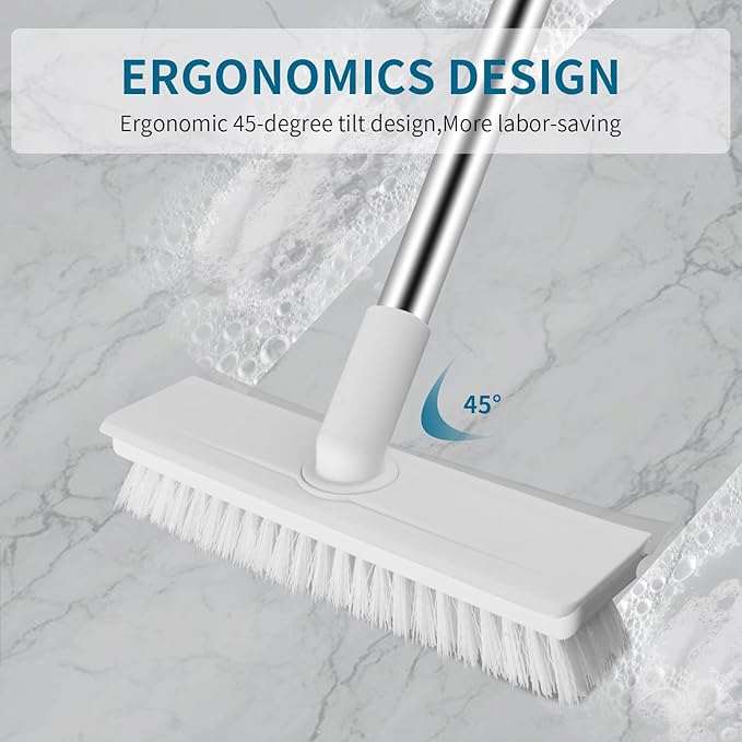 Floor Scrub Brush with Long Handle, 2 in 1 Scrape Brush Stiff Bristle Floor Scrubber for Cleaning Shower Bathroom Garage Kitchen Wall Deck Tub Tile (White, 1 Pack)