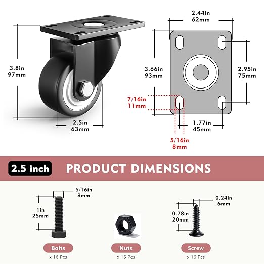 Caster Wheels, 2.5 Inch Heavy Duty Casters Set of 4, Load 1000lbs Industrial - Image 2
