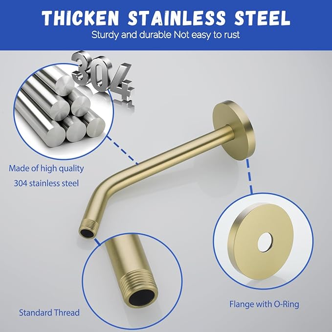 10 in Brushed Gold Shower Arm with Flange,Wall Mount Replacement Angle Shower Head Arm Wall-Mounted For Fixed Shower Head & Handheld Showerhead,SW-RD91018-10BG.