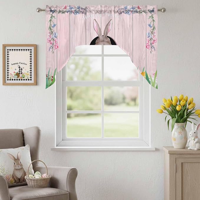 Swag Valance Curtains, Easter Cute Rabbit and Colorful Eggs Rod Pocket Valances - Image 2