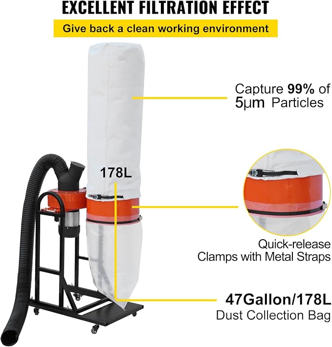 VEVOR 1.5 HP Dust Collector, 716 CFM, Portable Vortex Dust Collector, - Image 5
