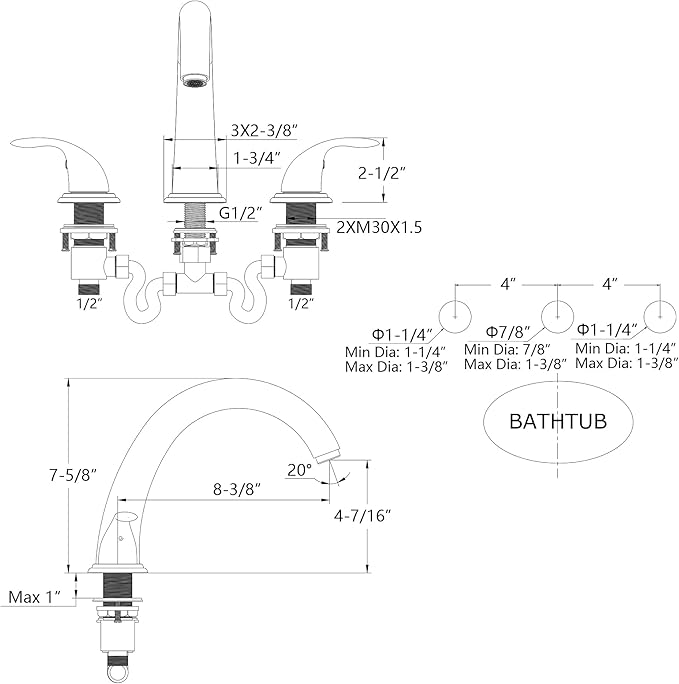 SUMERAIN 2-Handle Widespread Roman Bathtub Faucet Tub Filler with Valve Brushed Gold