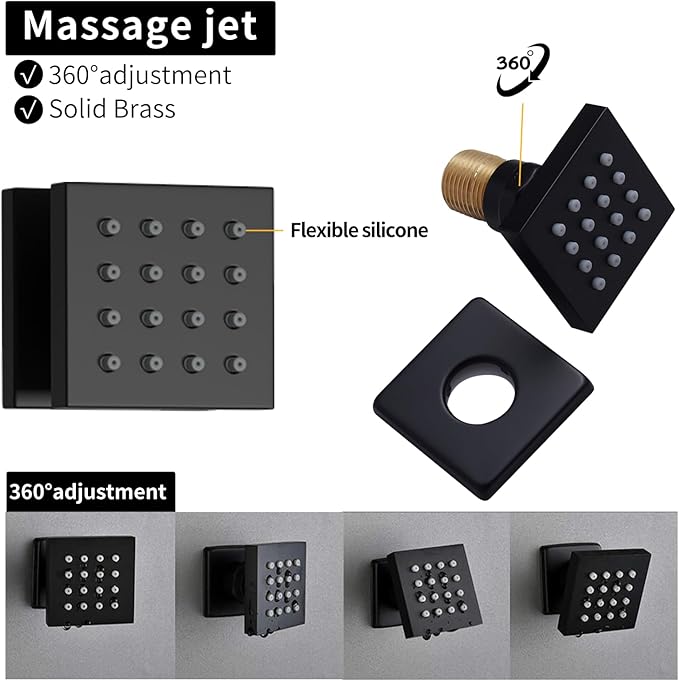 Bathroom Rainfall Shower System Wall Mount 8 Inch Shower Head With Handled Spray 6 Pcs jets Temperature Display Shower Faucet Set (Matte Black)