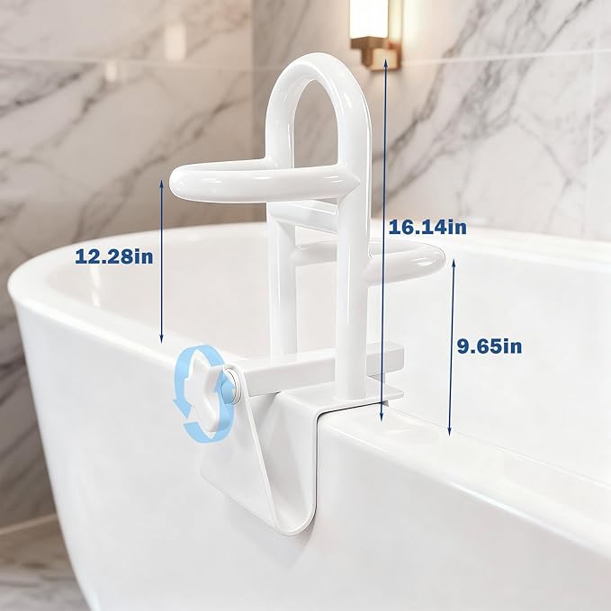 Adjustable Triple Grip Bathtub Grab Bars for Seniors, Clamp-On Safety Handrail for Handicap & Elderly, Fits 3-7Inch+ Thick Walls, Bathroom Balance Support for Family Safety